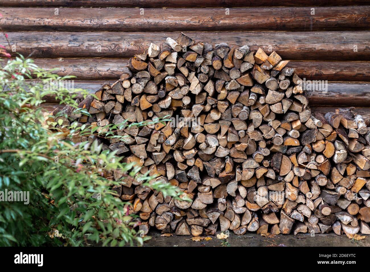 Lotti di legna da ardere accatastati contro un muro di legno Foto Stock