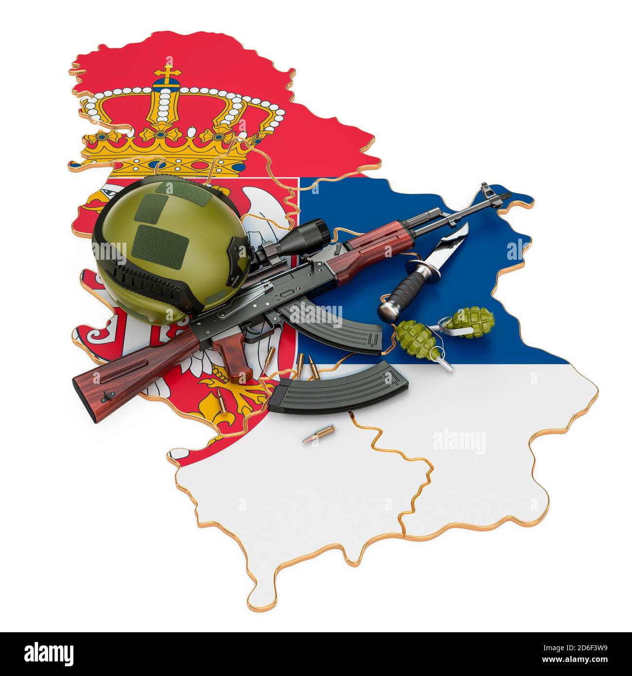 Forza militare, esercito o conflitto di guerra in Serbia concetto. Rendering 3D isolato su sfondo bianco Foto Stock