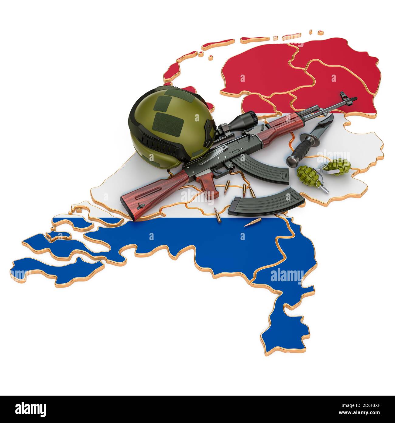 Forza militare, esercito o conflitto di guerra nel concetto olandese. Rendering 3D isolato su sfondo bianco Foto Stock