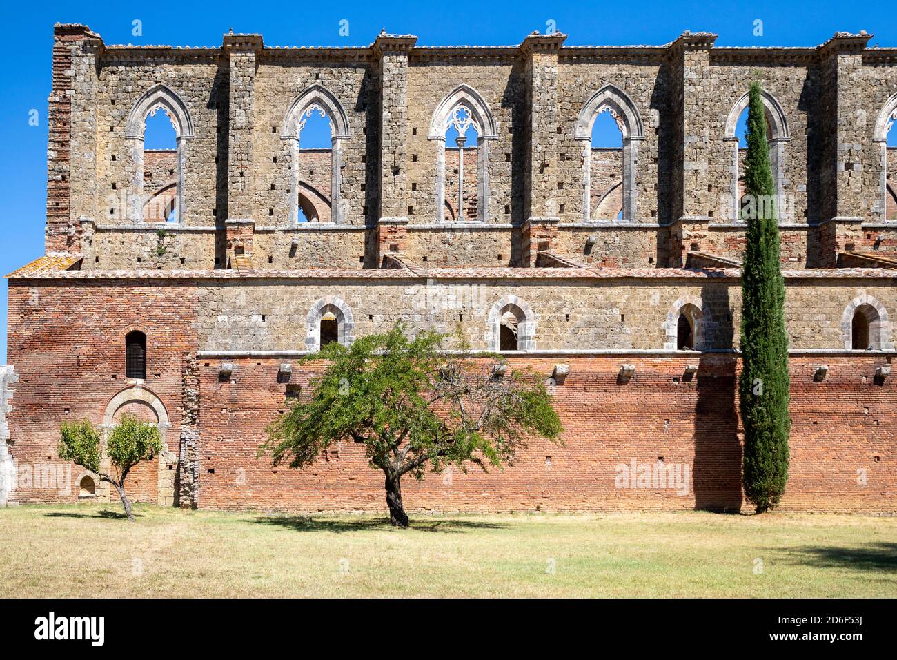 Rovine dell'abbazia di San Galgano, vista esterna, comune di Chiusdino, provincia di Siena, Toscana, Italia Foto Stock