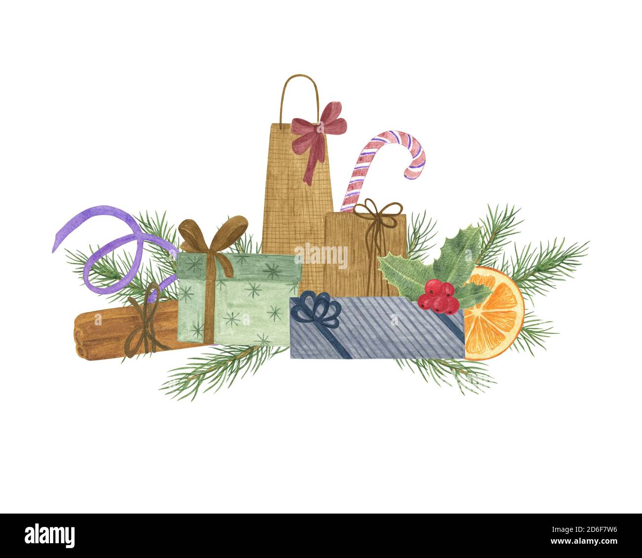 Vacanze di Natale composizione tradizionale abete rami albero, pianta agile, regali di Natale, canna caramella, bastoni cannella e fetta d'arancia, riunione di famiglia simbolo celebrazione, umore di festa semplice disposizione Foto Stock