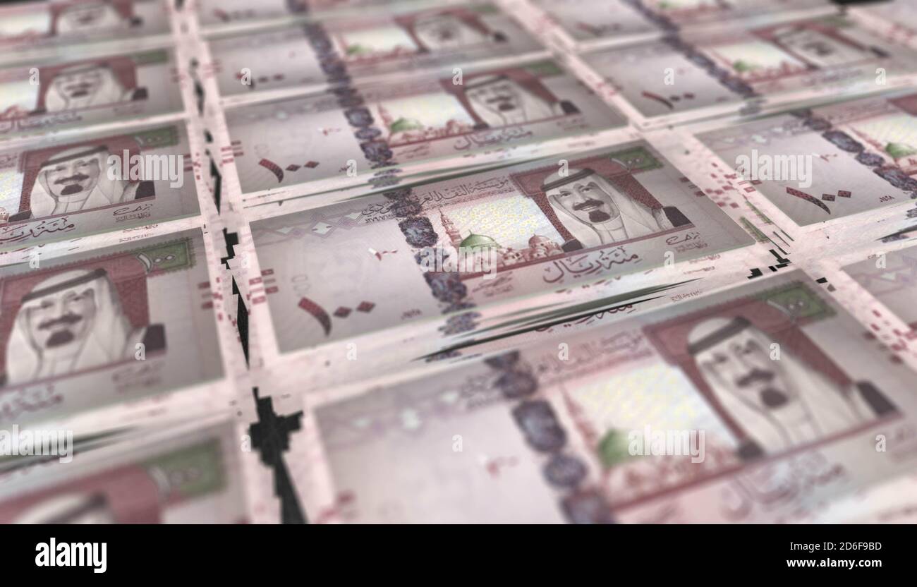 Illustrazione 3D dello sfondo delle bollette di riyal Saudita Foto Stock