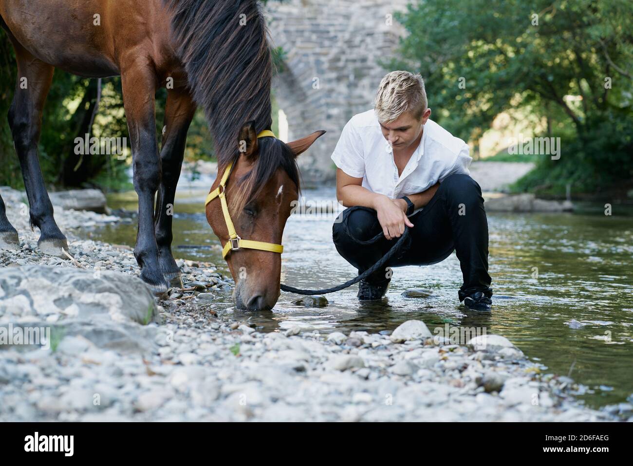 Ritratto di un giovane biondo con un cavallo un fiume Foto Stock