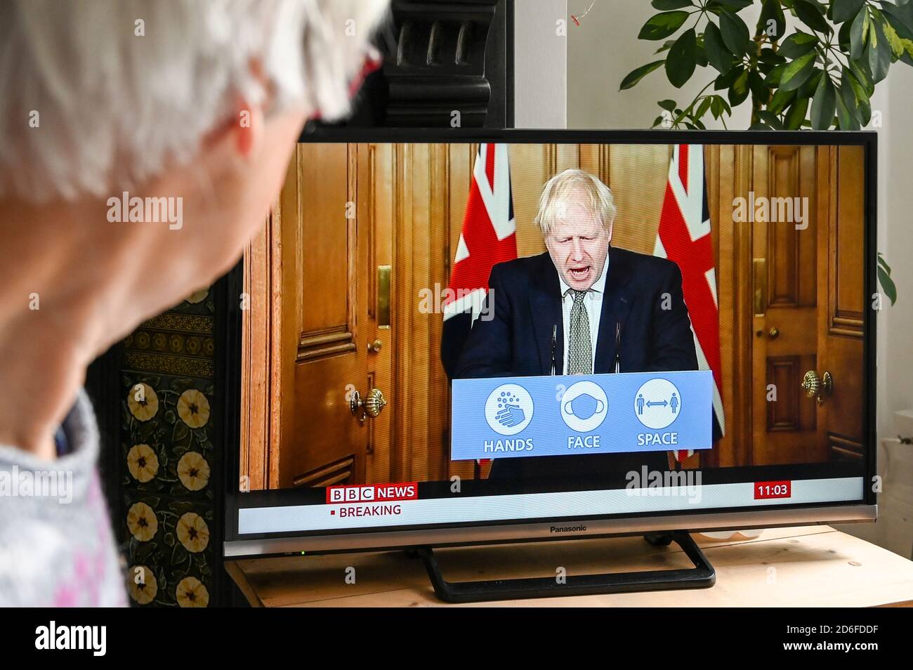Il primo ministro Boris Johnson ha tenuto una conferenza stampa da Downing Street in merito al Covid-19 con il logo 'mani, spazio viso'. Foto Stock