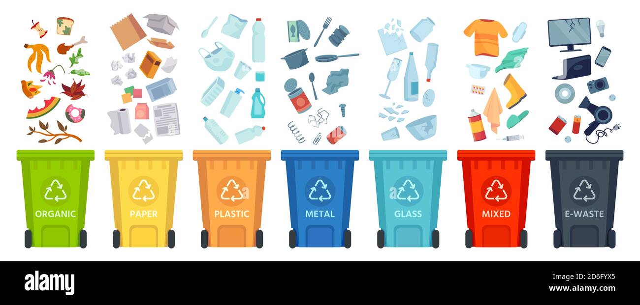 Segregazione dei rifiuti. Smistamento rifiuti per materiale e tipo in contenitori di rifiuti colorati. Infografica sulla separazione e il riciclaggio dei vettori di rifiuti Illustrazione Vettoriale