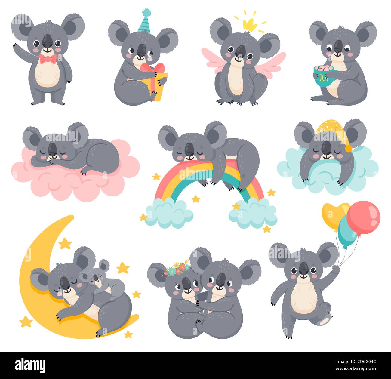 Koala di compleanno di Cartoon. Pigro koala dormendo sulla nuvola. Carini animali australiani con palloncini. Baby doccia orso. Set vettoriale arredamento camera bambini Illustrazione Vettoriale