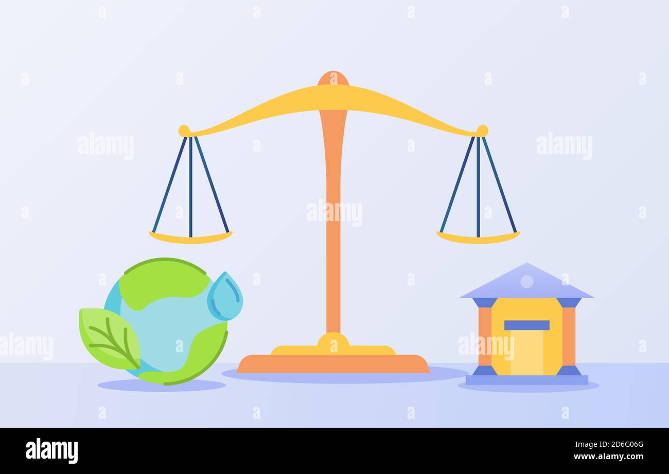 Legge ecologica concetto bilancia bilancia terra goccia acqua verde foglia campo bianco sfondo isolato con stile piatto Illustrazione Vettoriale