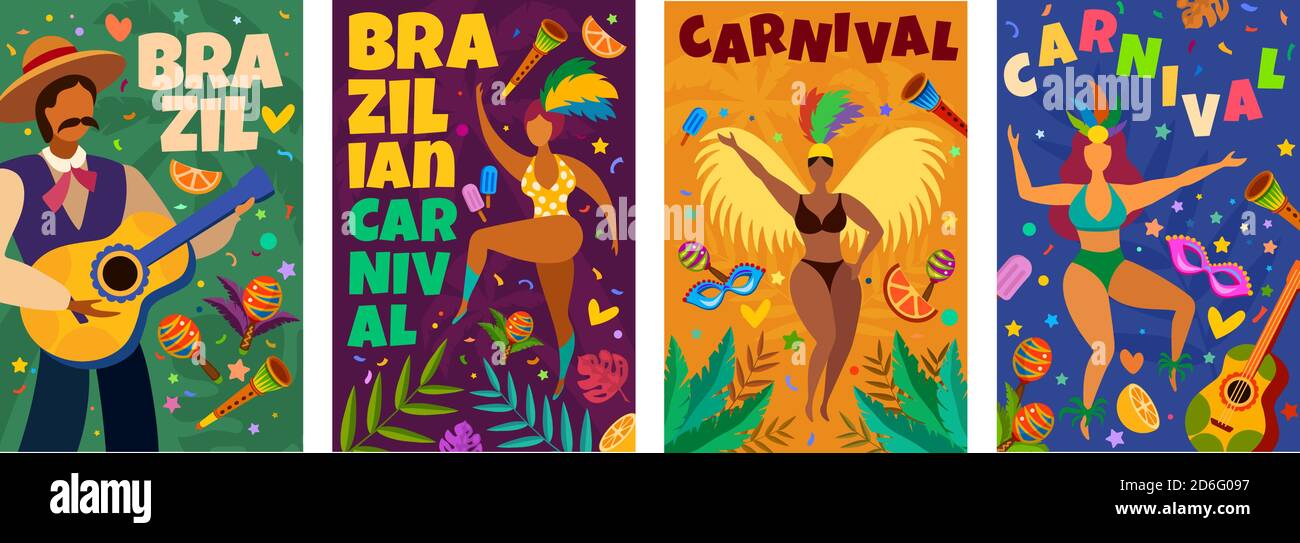 Carnevale brasiliano. Banner con parata di danza elementi latini masquerade, ballerini e musicisti, confetti, maschere e penne poster vettoriali Illustrazione Vettoriale