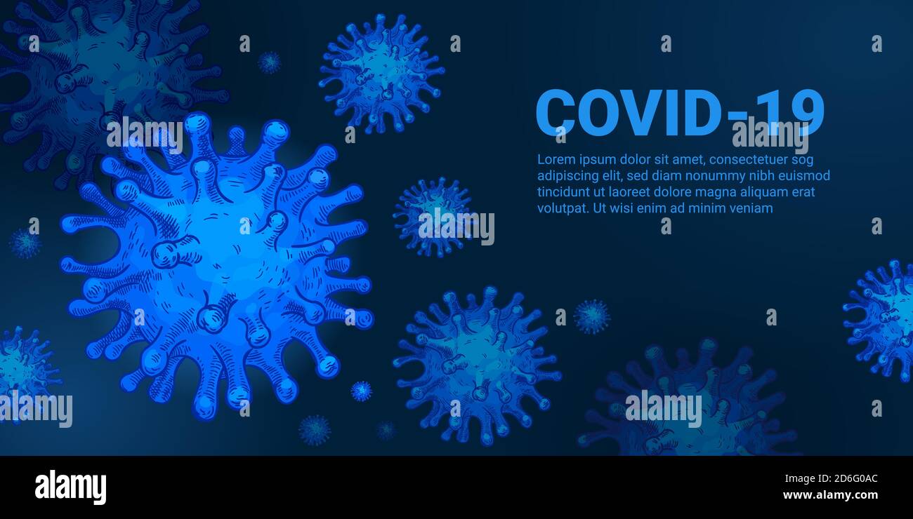 Sfondo del virus. Covid-19, cellule di infezione da coronavirus. Concetto vettore monocromatico blu Pandemia 2020 Illustrazione Vettoriale