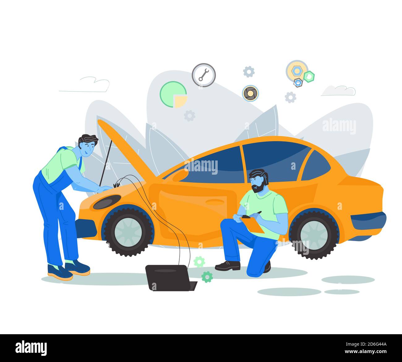 Diagnostica e riparazione auto, manutenzione dell'illustrazione vettoriale piatta del veicolo. Illustrazione Vettoriale