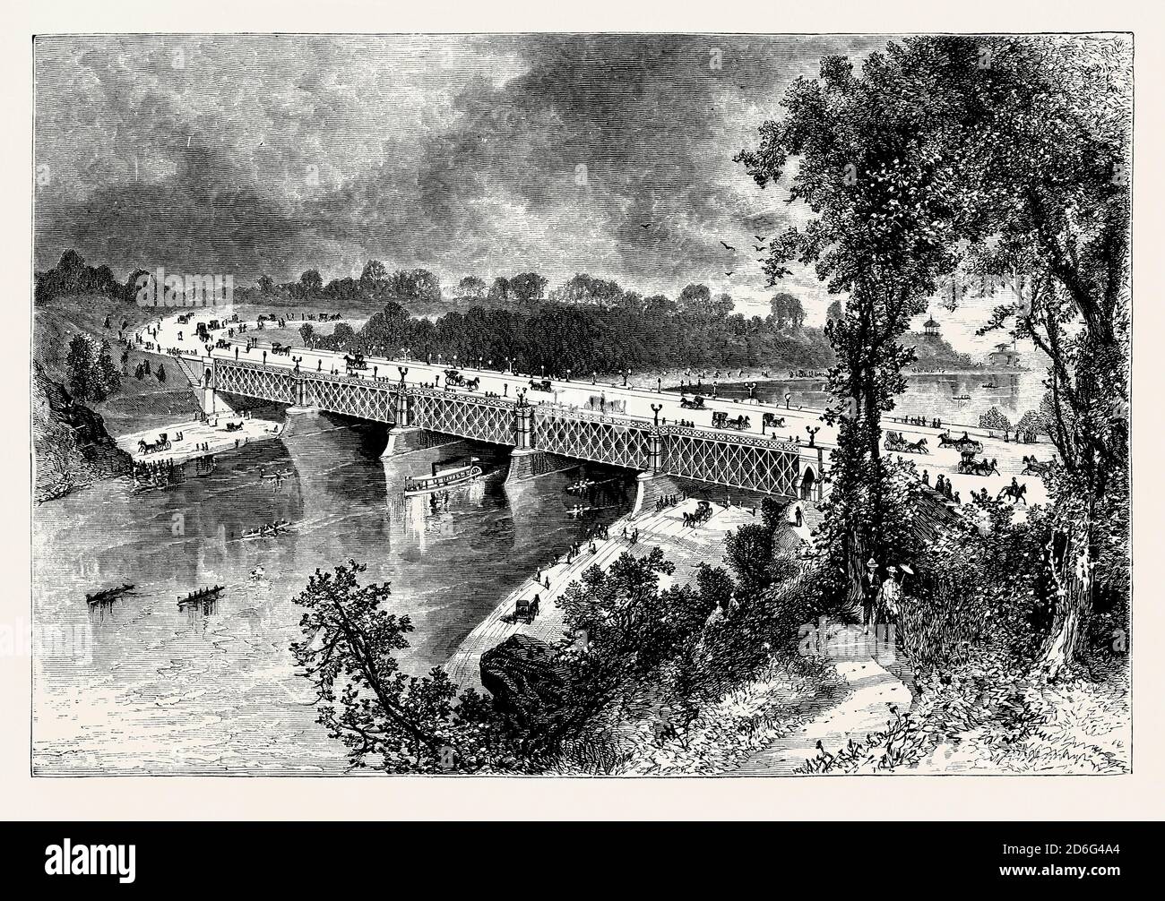 Una vecchia incisione del Falls Bridge, Philadelphia, Pennsylvania, USA. E 'da un libro di ingegneria meccanica vittoriana del 1880. Si estende sul fiume Schuylkill nel Fairmount Park. Il ponte lungo 556 piedi (169 m) è dotato di abutment e pier in pietra, con tre tralicci di tipo Pratt collegati a pin. Fu costruito nel 1894–1895 sotto la direzione di George Smedley Webster e James H Windrim del Dipartimento dei lavori pubblici di Filadelfia. Il ponte è stato progettato come un ponte a due piani, ma il ponte superiore non è mai stato costruito per mancanza di fondi. Foto Stock