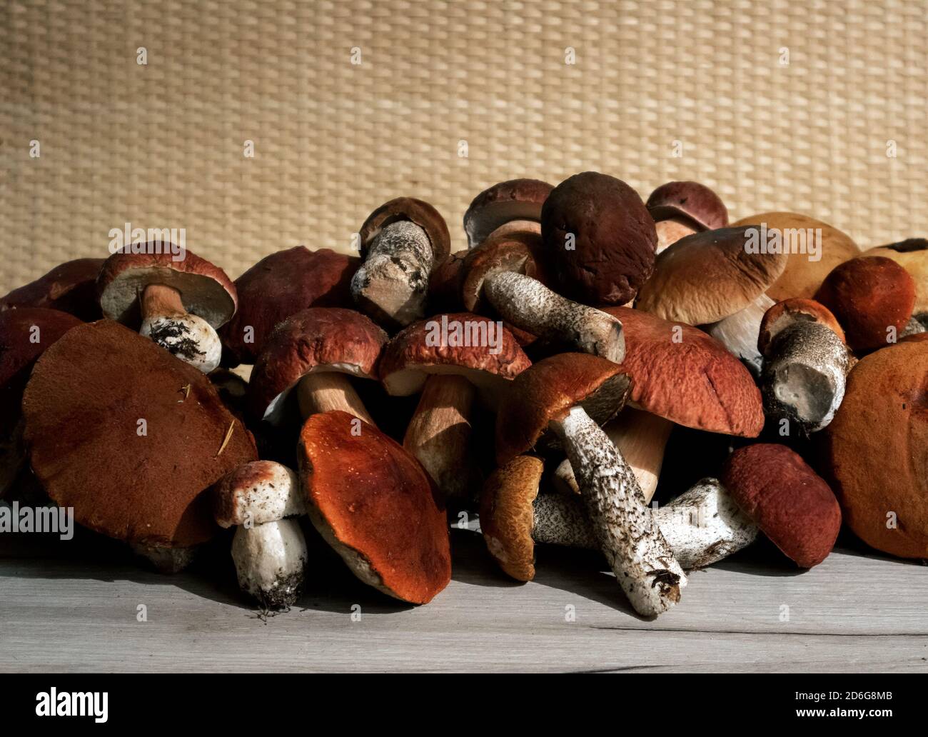 Un mucchio di nobili funghi boschivi boletus e berretto rosso il boletus che giace su una tavola di legno Foto Stock