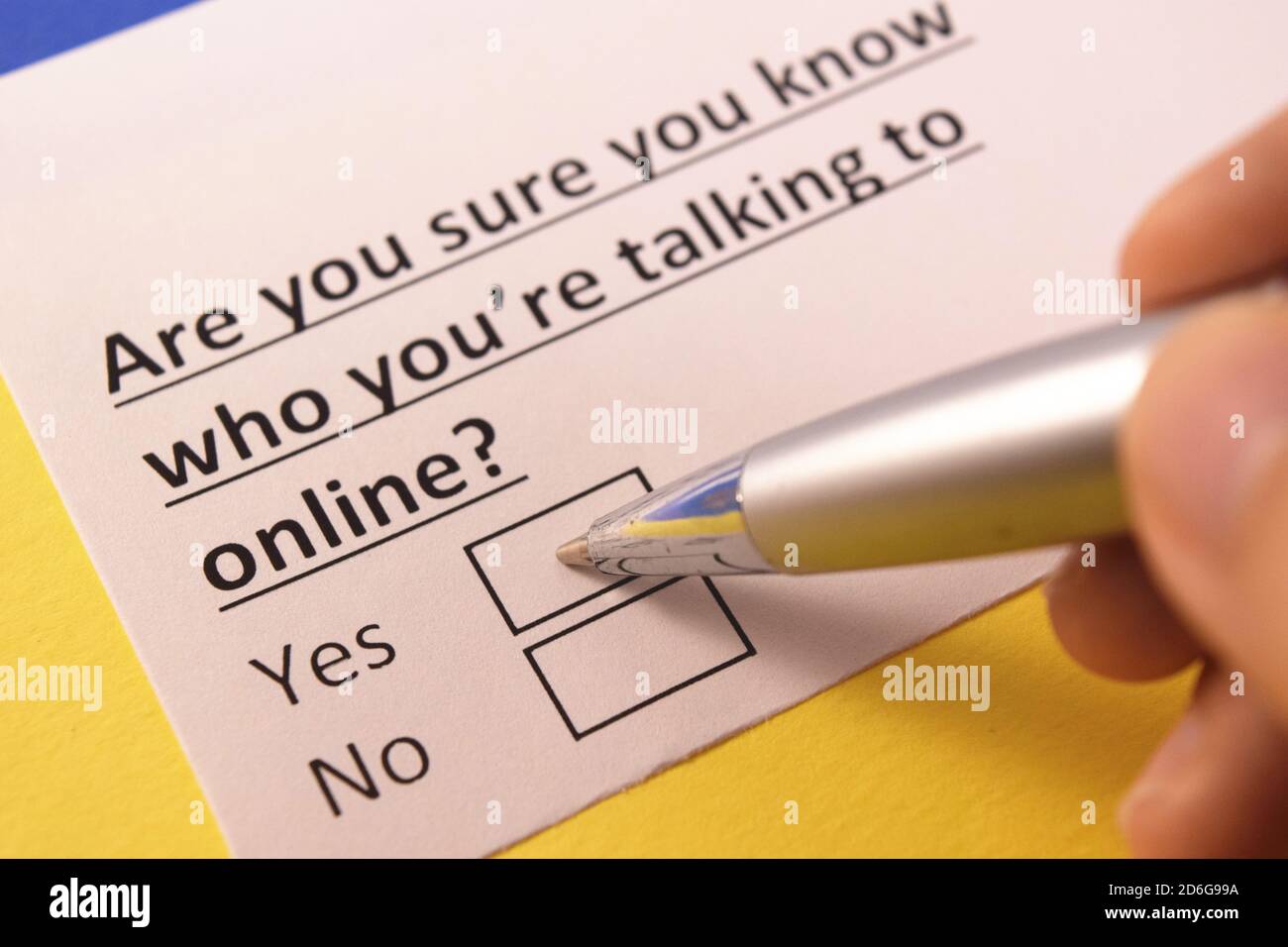Sei sicuro di sapere con chi stai parlando online? Sì o no? Foto Stock