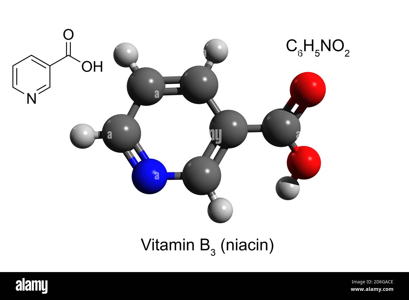 Formula chimica, formula strutturale e modello 3D a sfera e bastone di vitamina B3 (niacina), fondo bianco Foto Stock