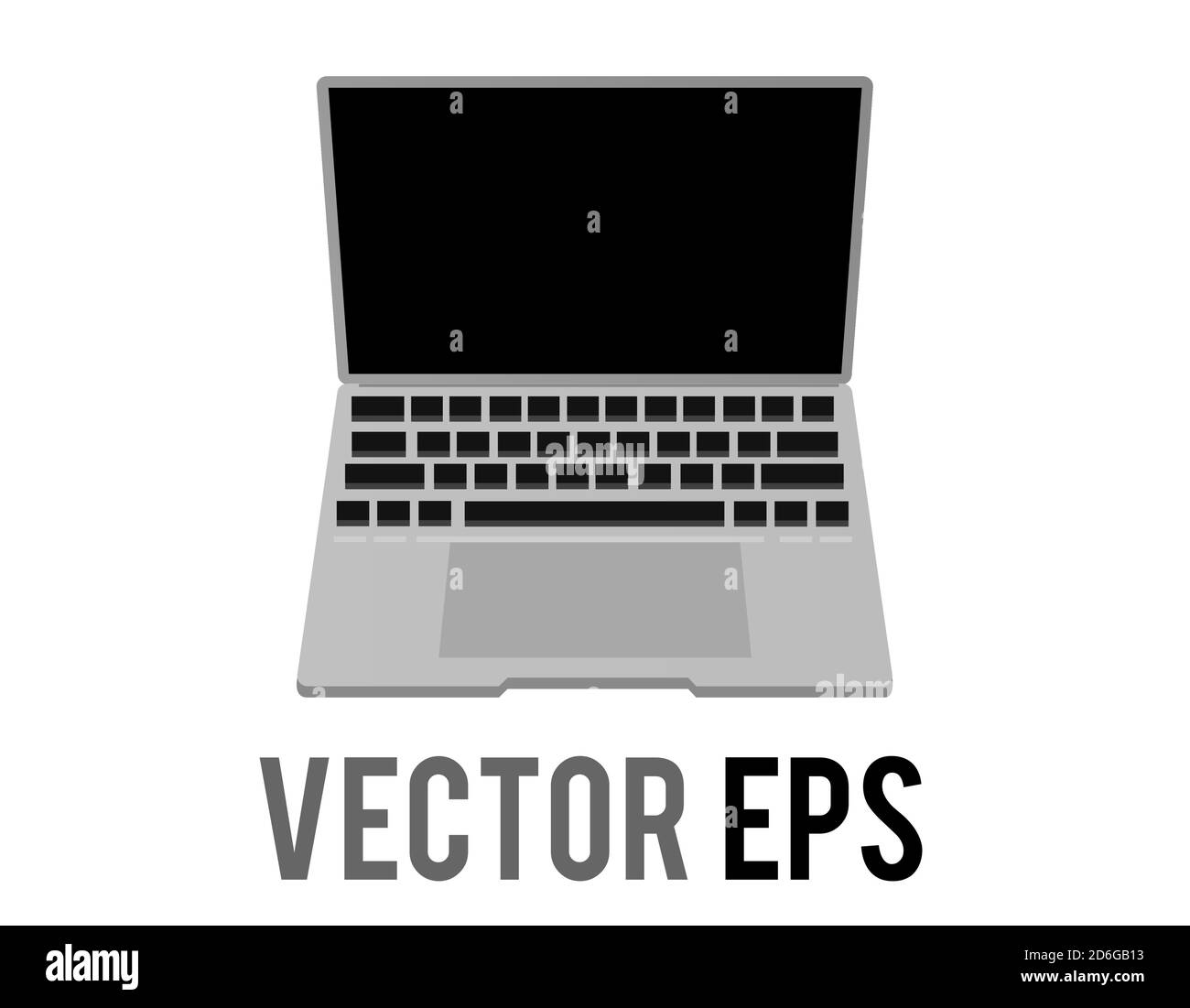 L'icona vettoriale isolata del personal computer desktop in nero e argento nella vista frontale, dispositivo grigio, si apre per mostrare uno schermo scuro, una tastiera e un touchpad Illustrazione Vettoriale