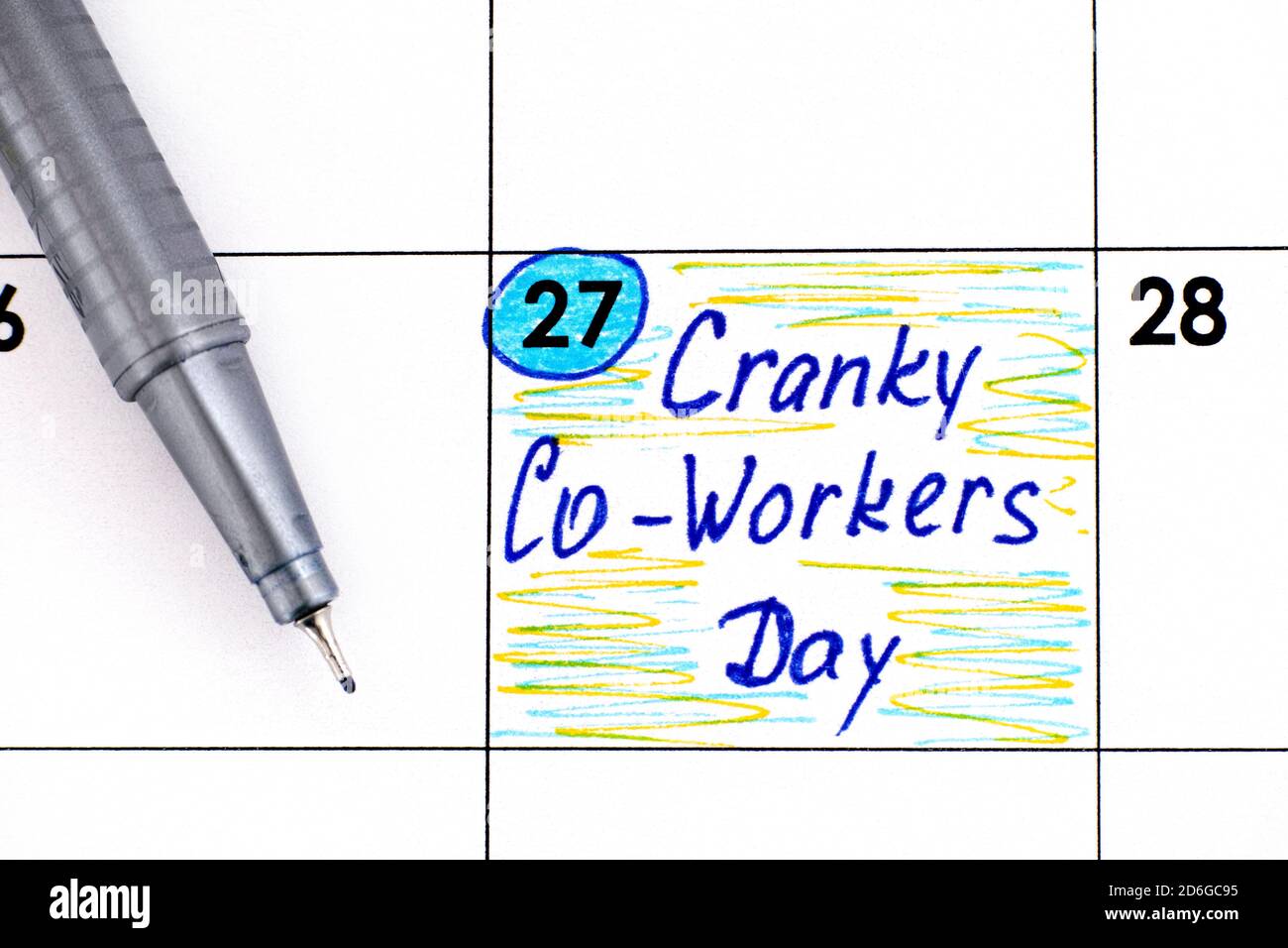 Promemoria Cranky Co-Workers giorno in calendario con penna. Ottobre 27 Foto Stock