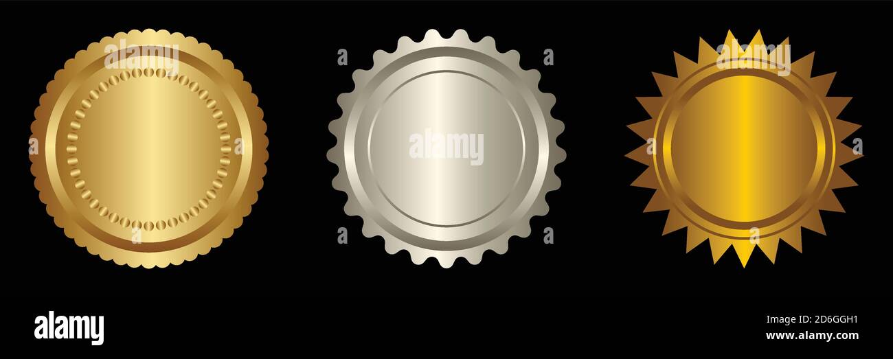 Set vettoriale rotondo dorato e argento badge isolato, sigillo timbro oro lusso elegante banner icona, Vector illustrazione certificato argento lamina sigillo o med Illustrazione Vettoriale