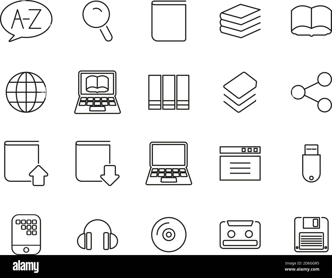 Icone dizionario o glossario Set di linee sottili in bianco e nero Grande Illustrazione Vettoriale
