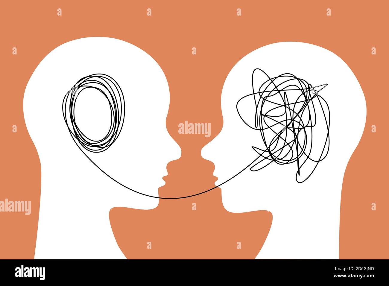 Illustrazione del concetto del processo di apprendimento. Una persona trasmette informazioni a un'altra persona. Icona del contorno piatto della testa umana. Illustrazione Vettoriale