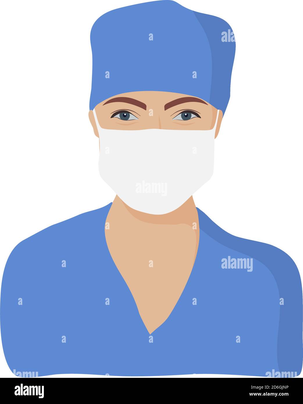 Medico femminile europeo in uniforme blu con maschera ritratto illustrazione. Ritratto infermiere. Illustrazione Vettoriale