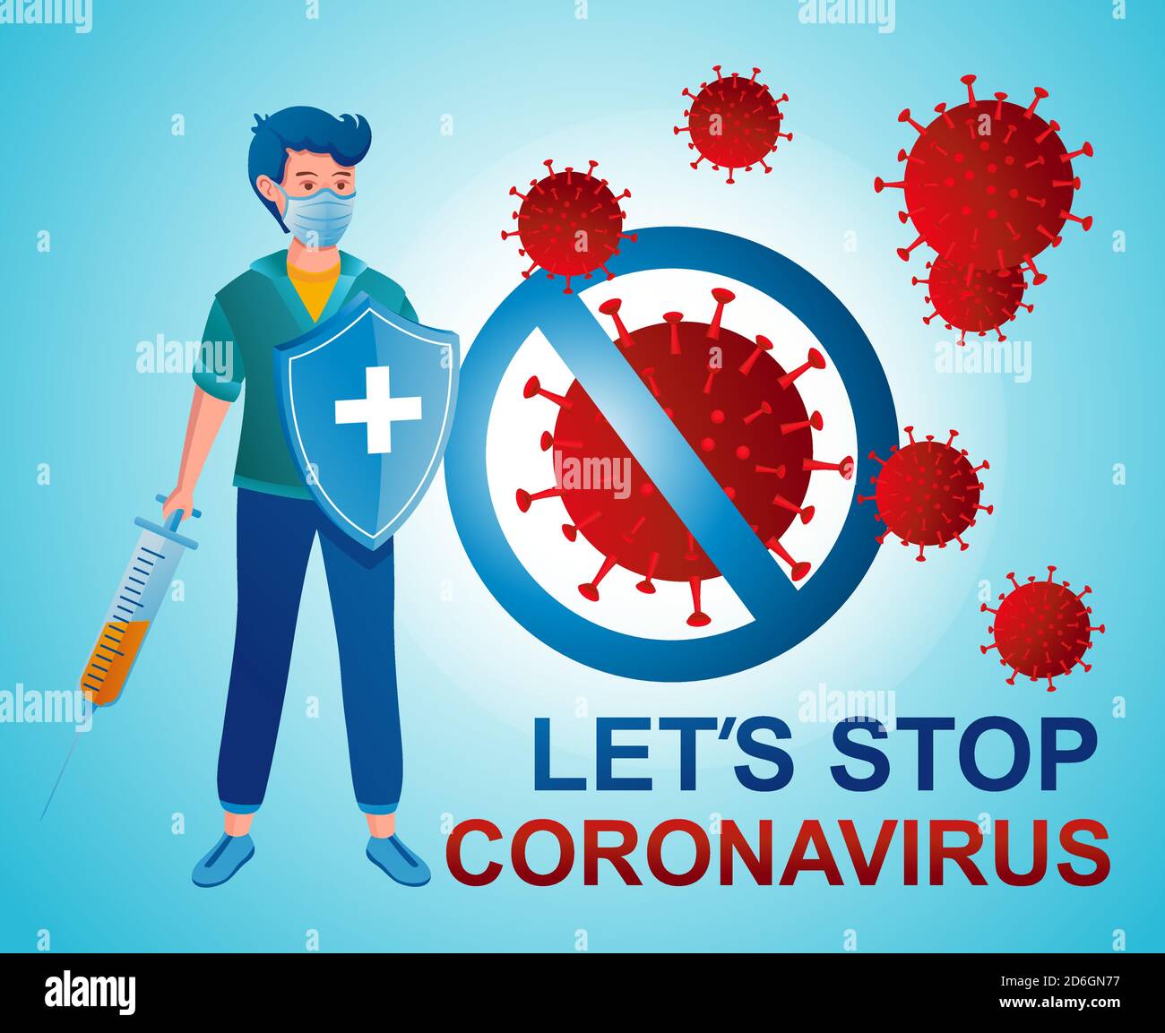Arrestare il vettore Сovid-19 del coronavirus. Medico e prevenire segno con corona virus. Assistenza medica, cercare vaccino antivirale, prevenzione infezione focolaio. Illustrazione Vettoriale