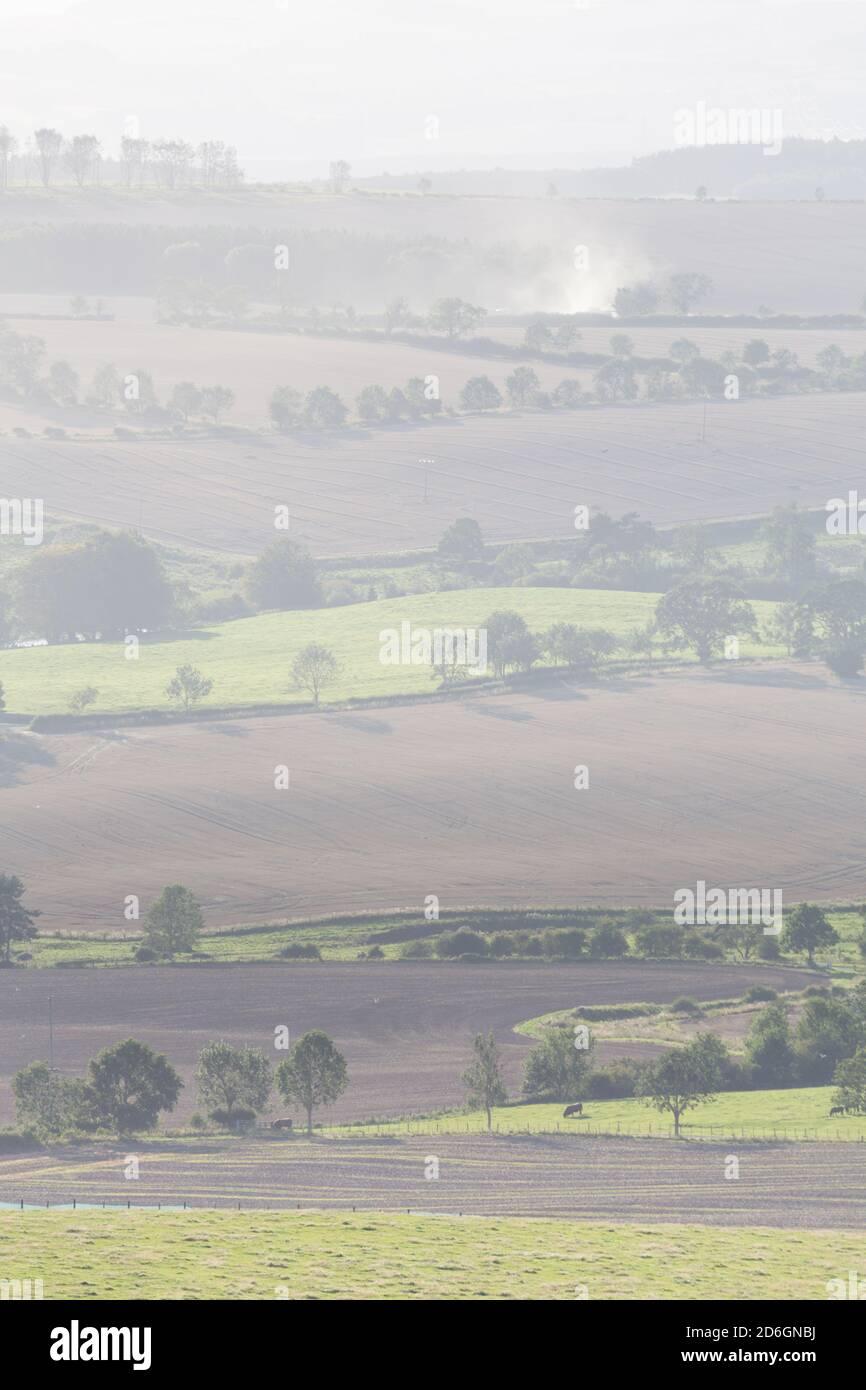 Trattori che arano campi in lontananza in un mosaico di campi agricoli nella campagna inglese nel Northumberland Foto Stock
