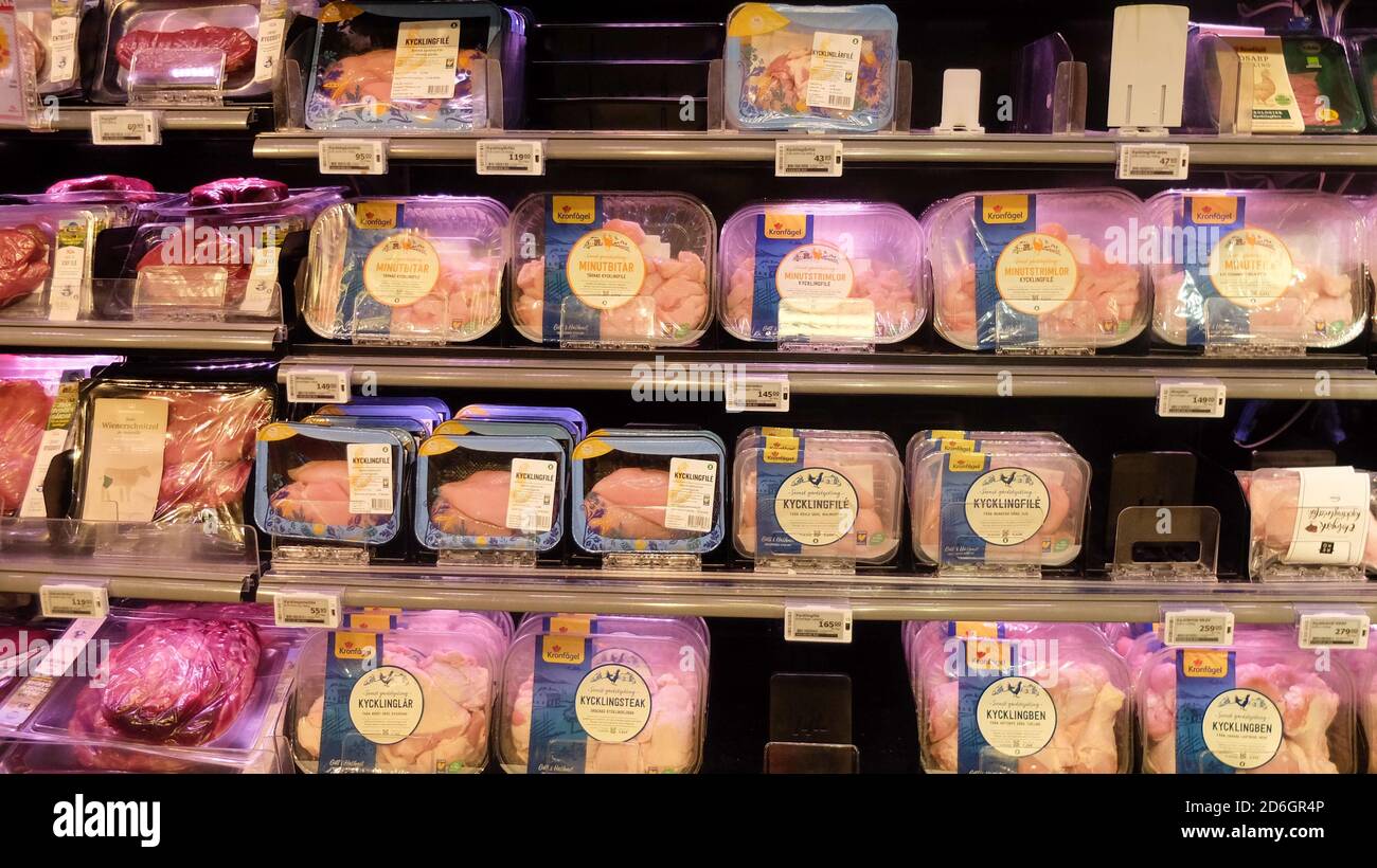 Carne in un ripiano frigo presso un supermercato svedese: Pollo, salsicce, manzo, salame… Foto Stock