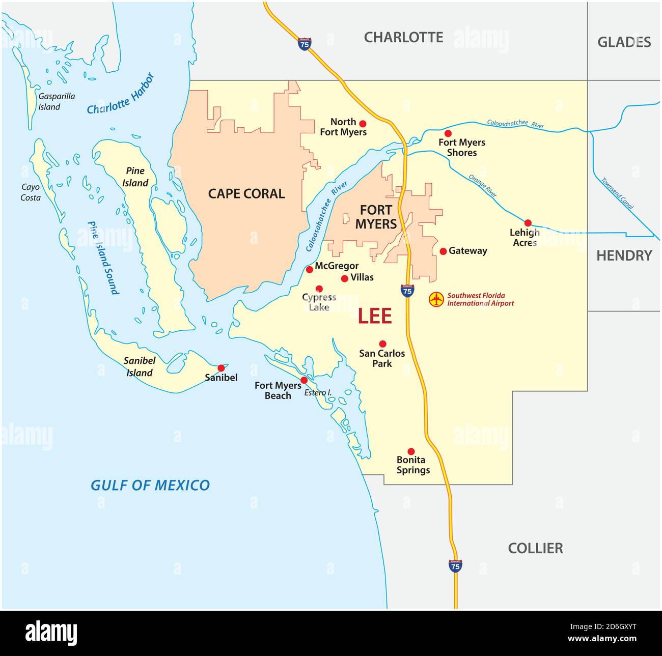 Lee County Map con Fort Myers e Cape Coral, Florida, Stati Uniti Illustrazione Vettoriale