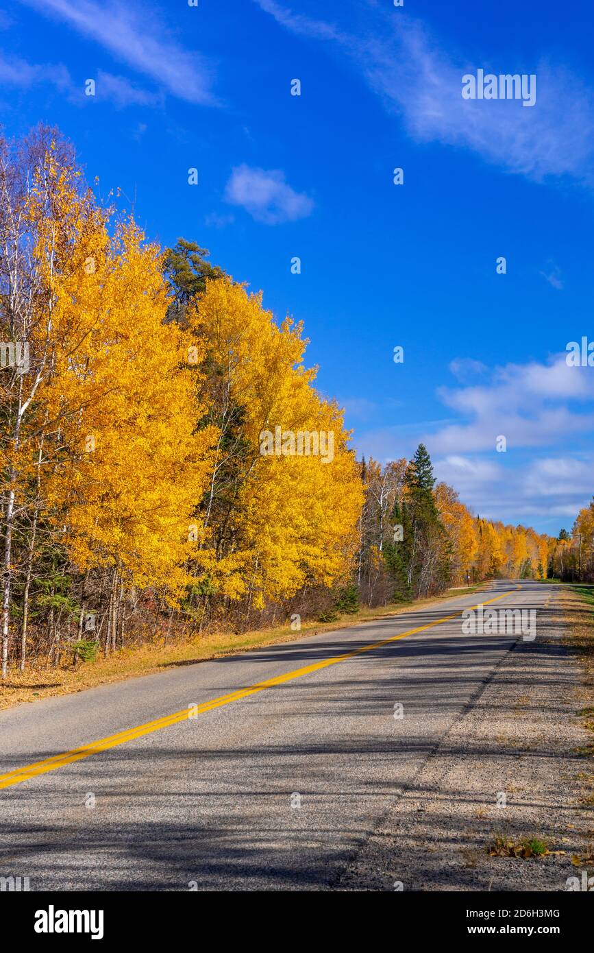 Una strada panoramica con colori autunnali che attraversano il resort di Buffalo Point, Manitoba, Canada. Foto Stock Una strada panoramica con colori autunnali che attraversano il resort di Buffalo Point, Manitoba, Canada. Foto Stock