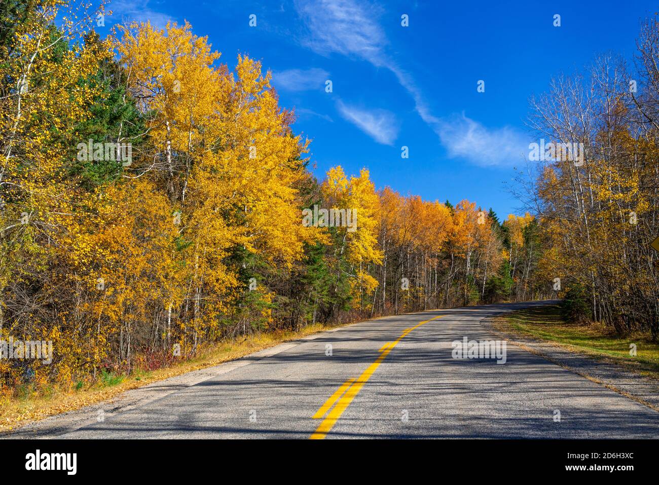 Una strada panoramica con colori autunnali che attraversano il resort di Buffalo Point, Manitoba, Canada. Foto Stock Una strada panoramica con colori autunnali che attraversano il resort di Buffalo Point, Manitoba, Canada. Foto Stock