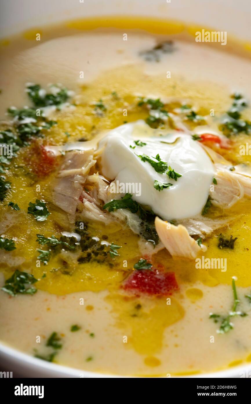 Ciorba Radauteana - zuppa di pollo tradizionale rumena con panna Foto Stock