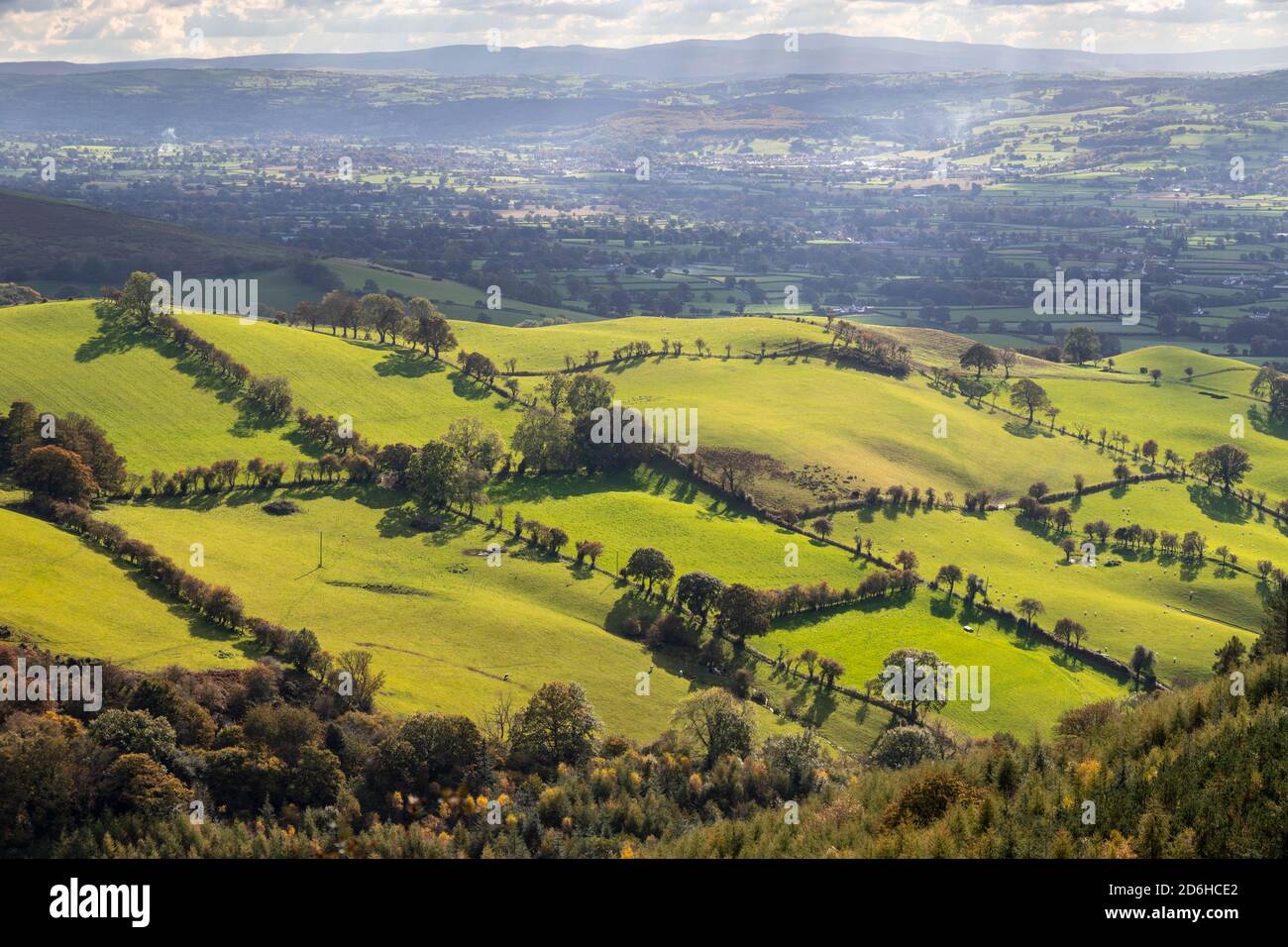 Fattoria e campi nel Clwyduian Range, Galles del Nord Foto Stock
