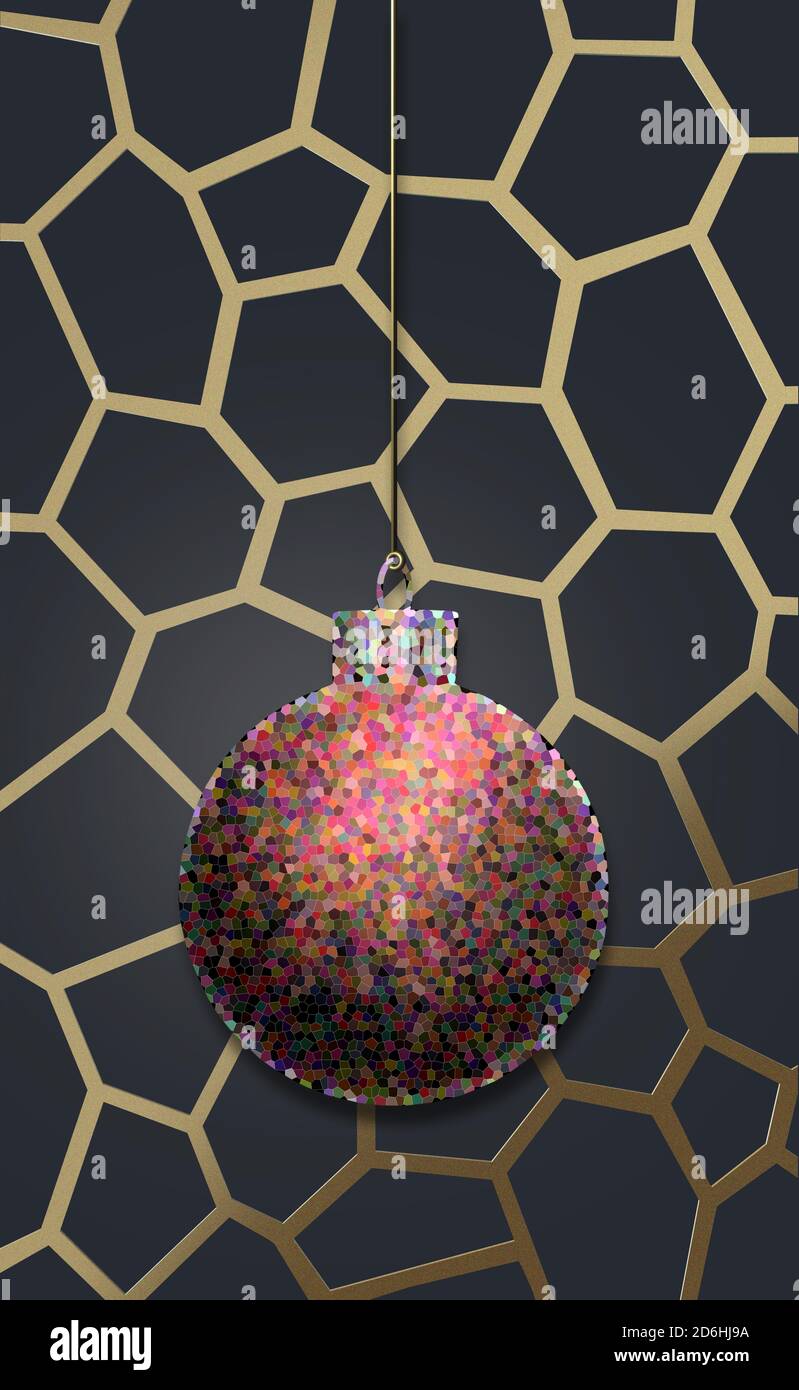 Sfondo astratto di Natale. Palla di Natale, luce mistica, cornice 3D dorata su sfondo scuro. Design minimalista di Natale per le feste. Illustrazione 3D Foto Stock