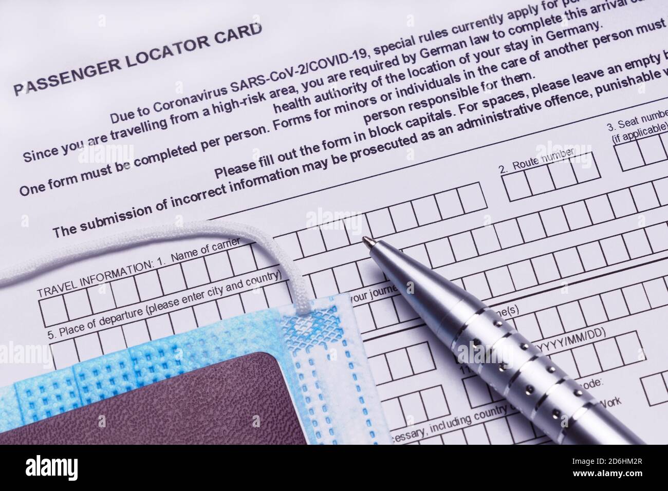 COVID-19 Coronavirus carta localizzatore passeggeri per turisti che viaggiano in Germania dall'area ad alto rischio. Foto Stock