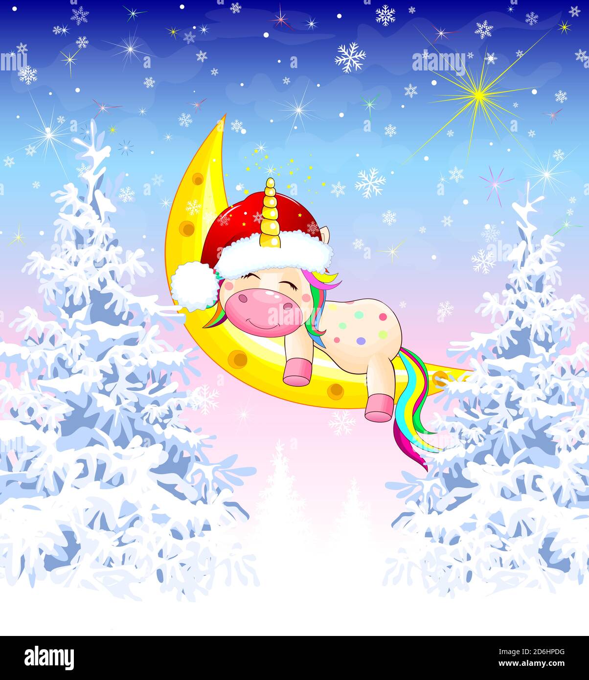 Un piccolo unicorno, vestito con un cappello di Santa, dorme sulla luna, sullo sfondo di una foresta invernale. Illustrazione Vettoriale