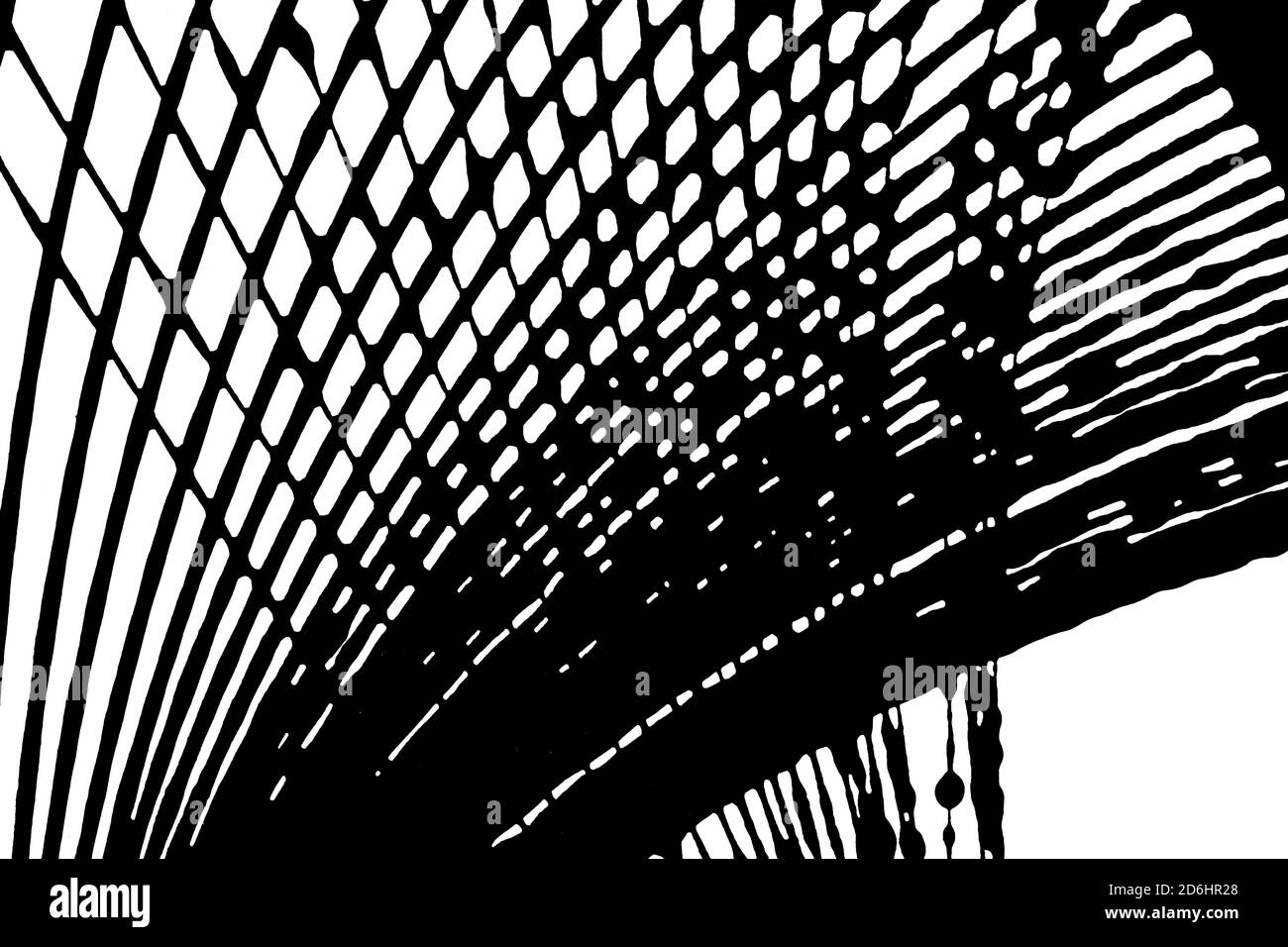 Struttura geometrica a contrasto disegnata dall'oscillazione del pendolo. Modello nero astratto sullo sfondo bianco Foto Stock