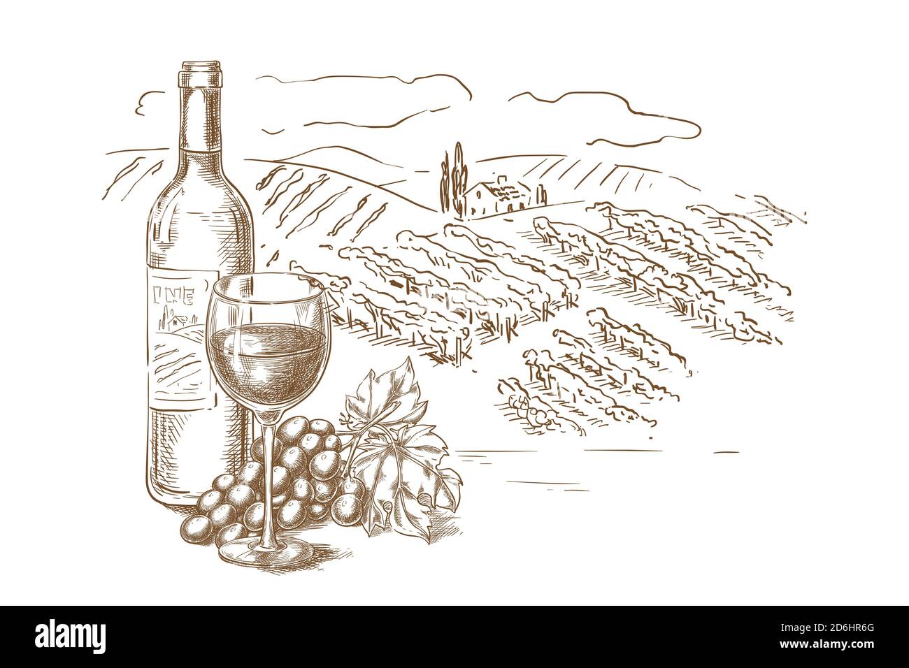 Illustrazione vettoriale dello schizzo del paesaggio di vigneto. Bottiglia di vino rosso, bicchieri, vite d'uva, elementi disegnati a mano per la progettazione di etichette. Illustrazione Vettoriale