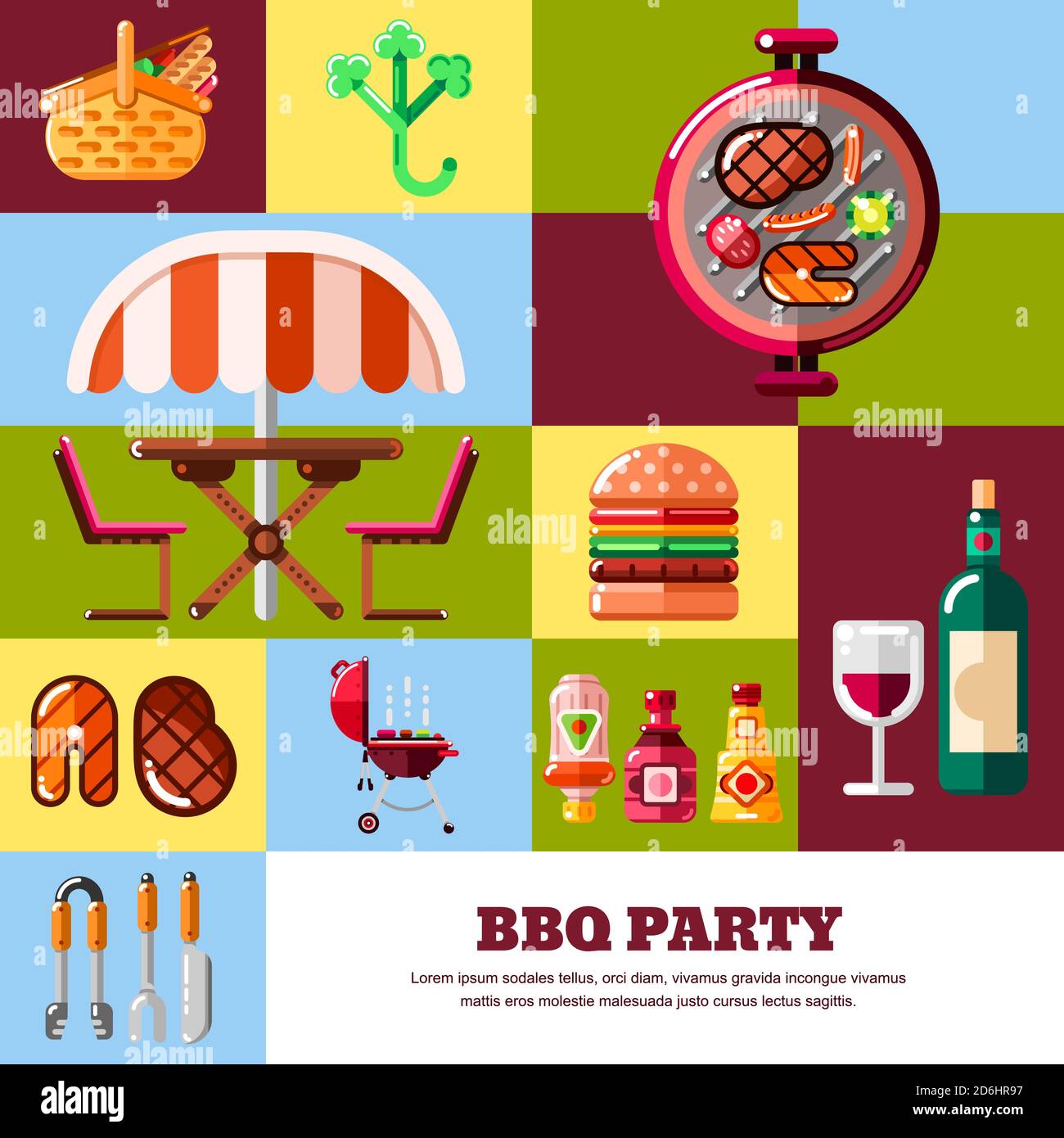 Poster vettoriale geometrico astratto multicolore o modello di banner. Elementi di grafica e design per barbecue e grigliate. Barbecue alimentare, attrezzature e attrezzi ico Illustrazione Vettoriale