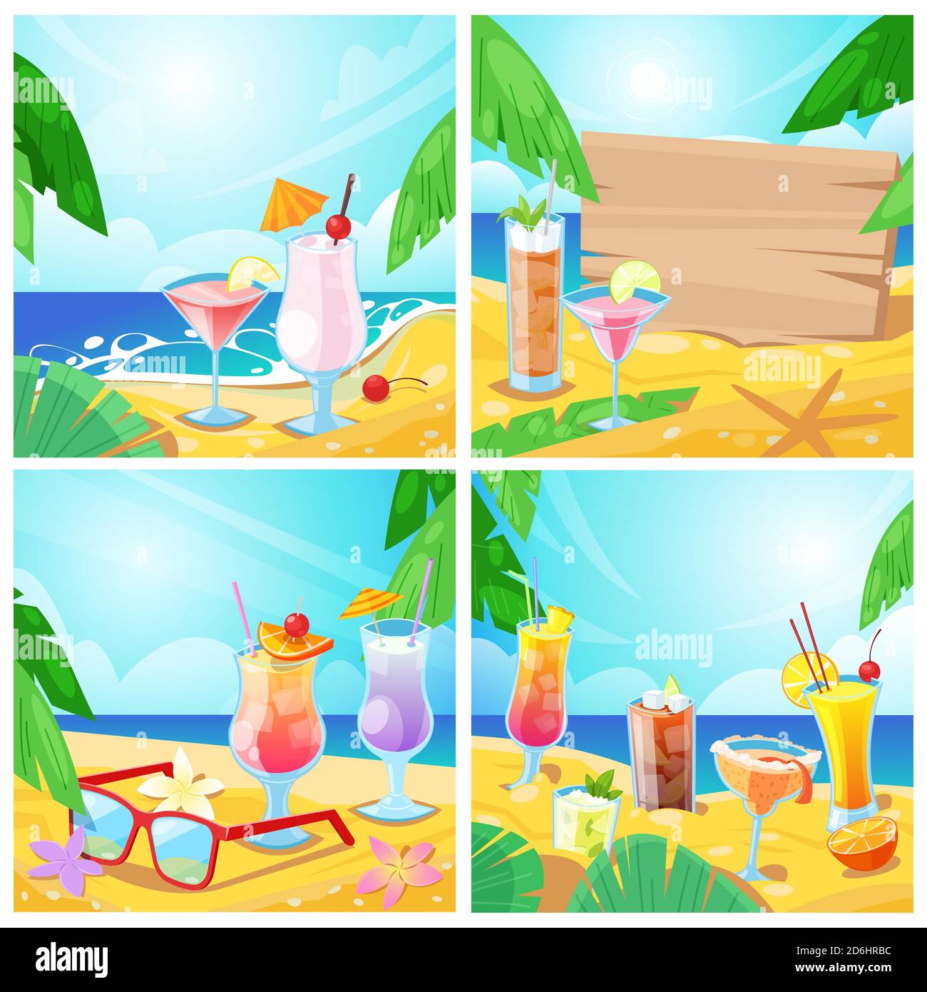 Cocktail tropicali vettoriali e concetto di bar sulla spiaggia. Set di illustrazioni e sfondi estivi. Bevande alcoliche e tavola di legno con posto per il testo sopra Illustrazione Vettoriale