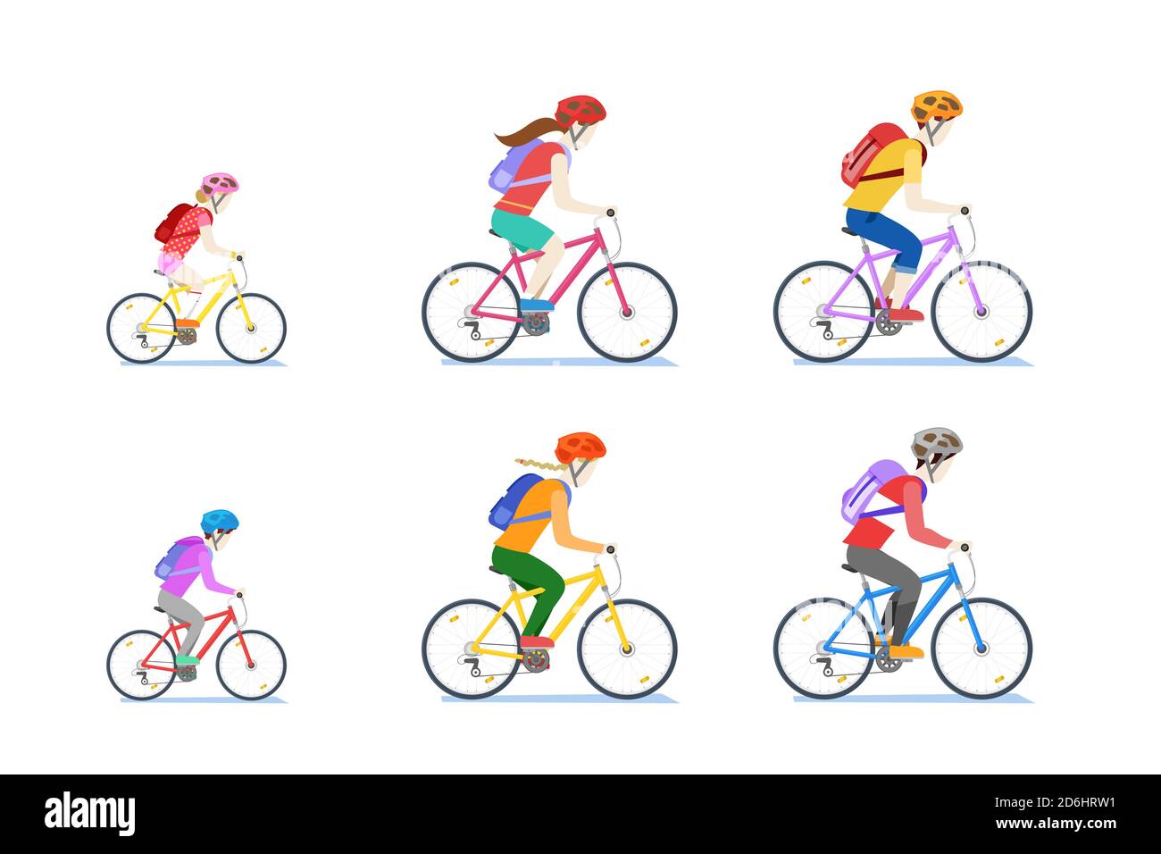 Felice famiglia ciclistica isolato su sfondo bianco. Cartoni animati vettoriali in stile piatto che raffigura mom, papà e bici da corsa per bambini. Illustrazione Vettoriale