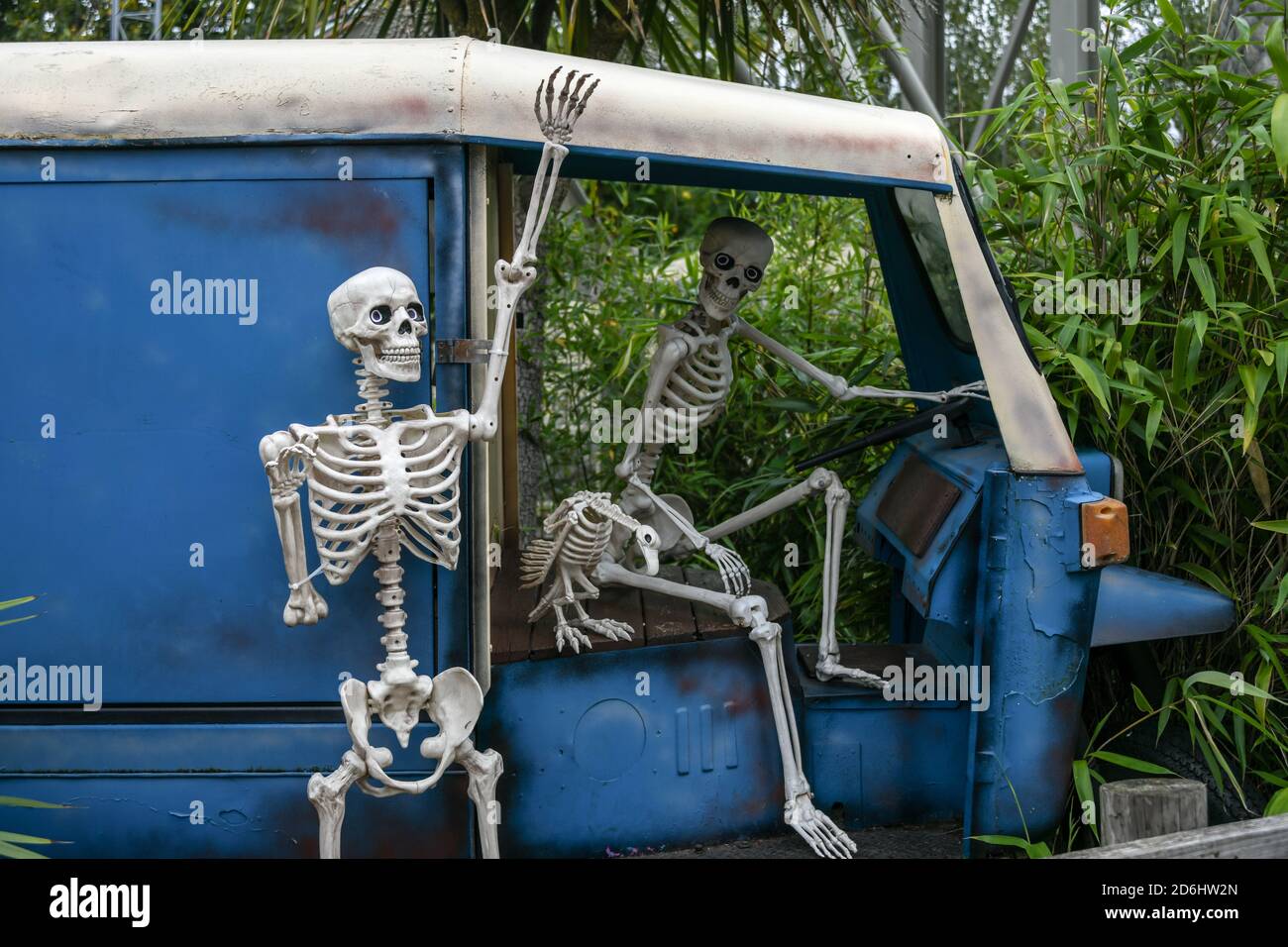 Chessington, Regno Unito. 17 Ott 2020. Chessington, Regno Unito. Sabato 17 ottobre 2020. Scheletri che guidano un tuk-tuk per Halloween a Chessington. Credit: Thomas Faull/Alamy Live News Foto Stock