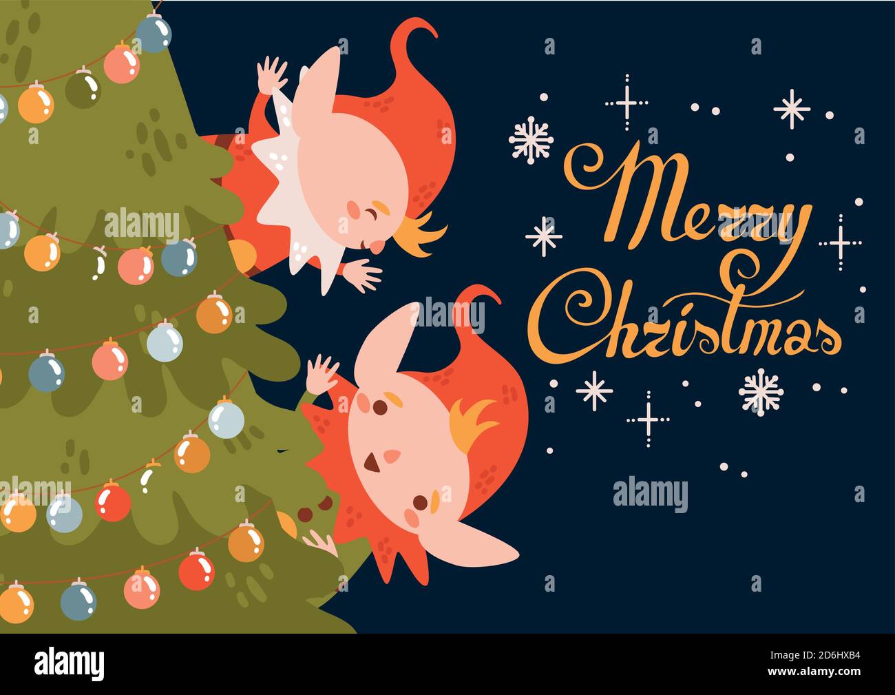 Allegra carta scritta natalizia con albero di cristmas e divertente natale elf Illustrazione Vettoriale