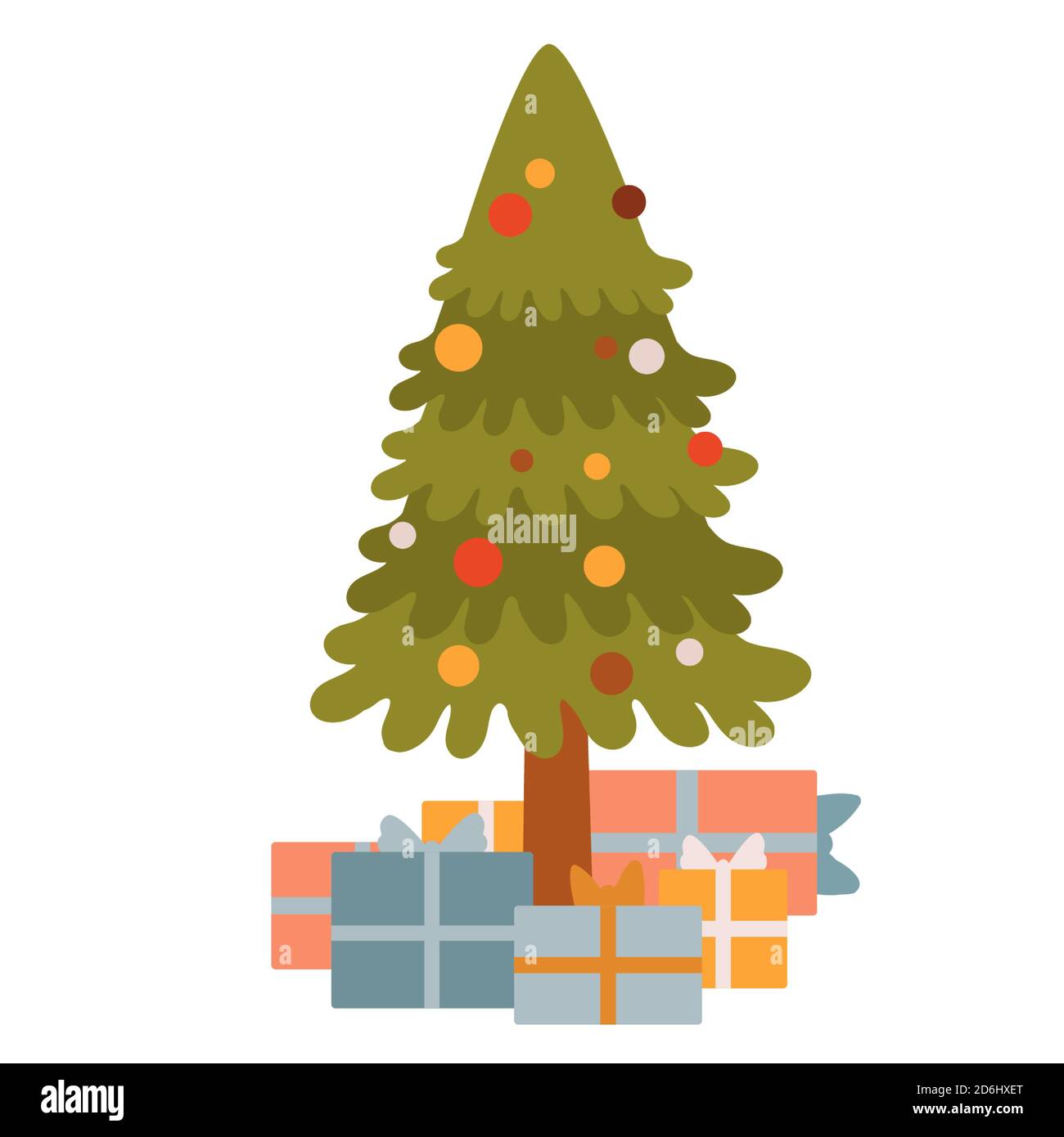 Allegra cartolina di natale con albero di cristmas con giocattoli e regali Illustrazione Vettoriale