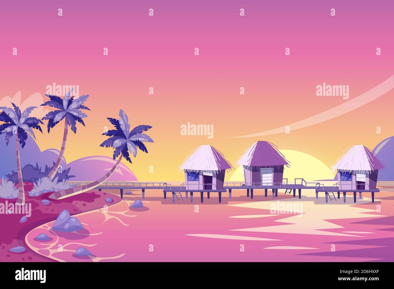 Isola tropicale rosa tramonto paesaggio. Illustrazione di cartoni animati vettoriali. Palme, spiaggia e bungalow nell'oceano. Sfondo del viaggio estivo. Illustrazione Vettoriale