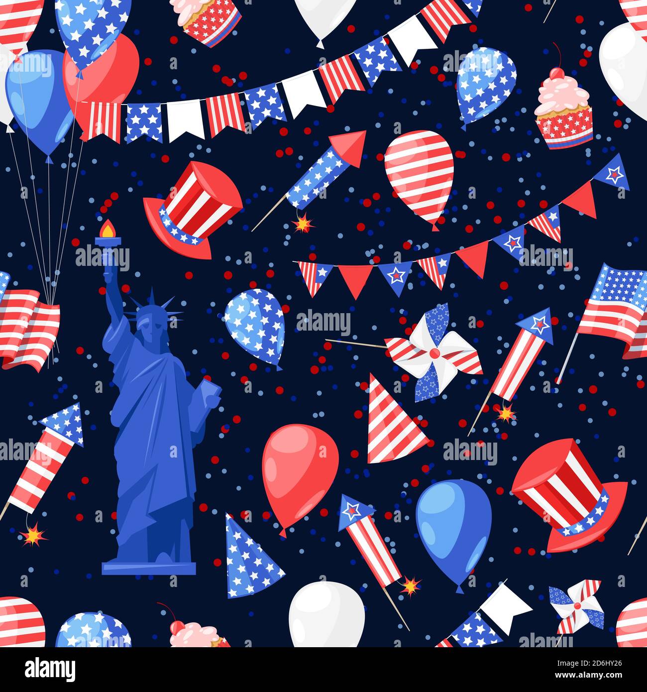 USA motivo blu marino senza cuciture. Sfondo di stampa vettoriale. Simboli nazionali americani, festa dell'Indipendenza. Illustrazione Vettoriale