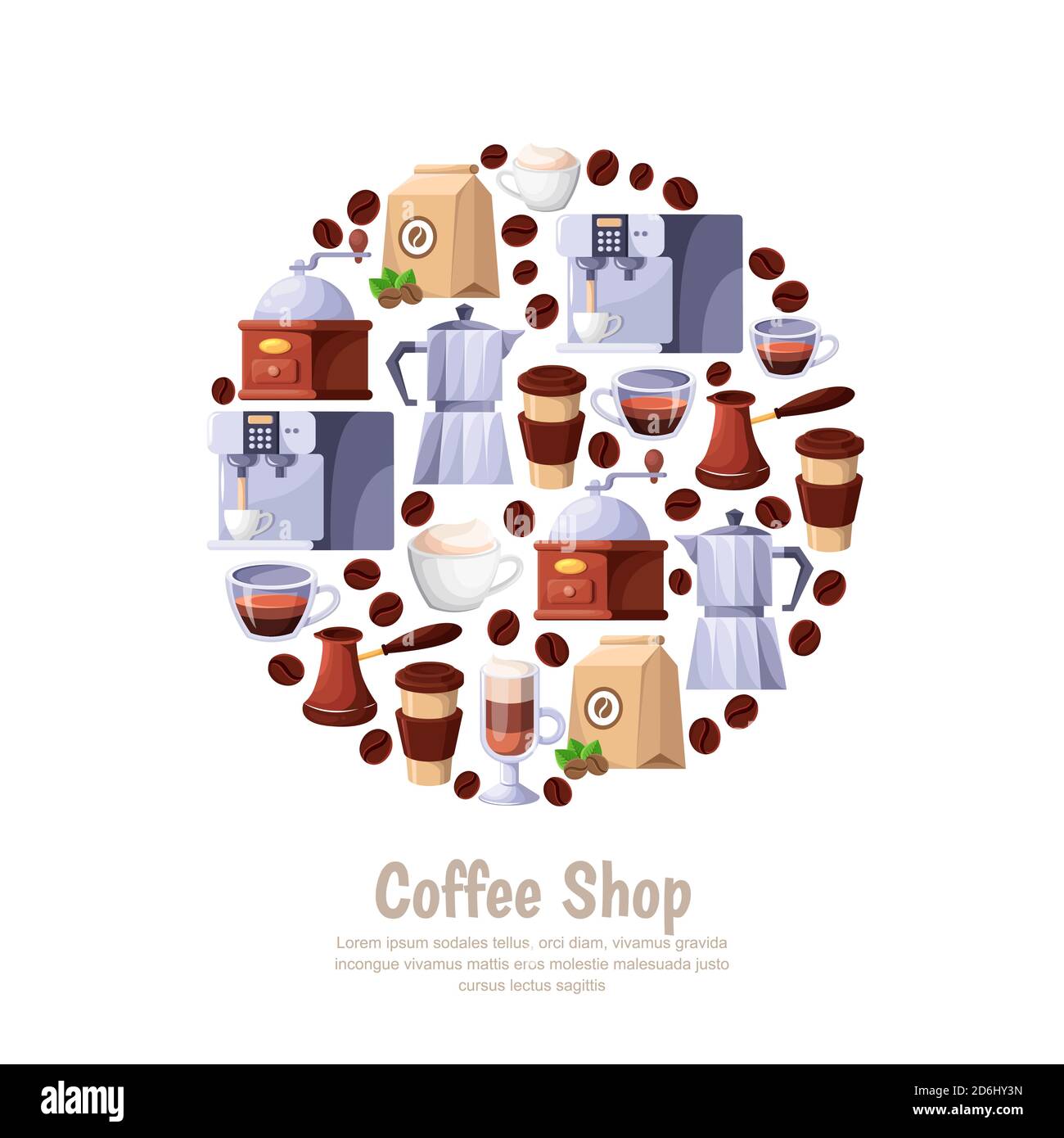 Etichetta circolare vettoriale della caffetteria isolata su sfondo bianco. Cartoon flat illustration elementi di design per caffè o panetteria. Illustrazione Vettoriale