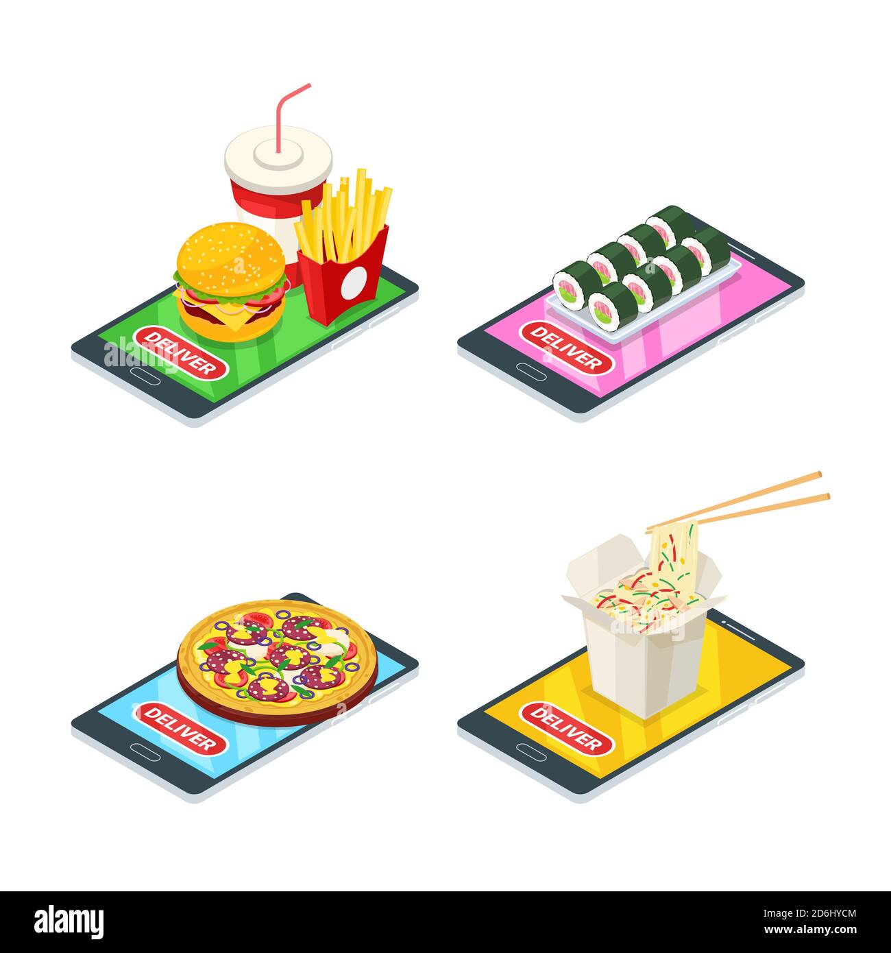 Consegna di alimenti e ordine online, set di icone vettoriali isometriche 3d. Pizza, hamburger, sushi e noodle sullo schermo del telefono. Concetto di app mobile. Illustrazione Vettoriale