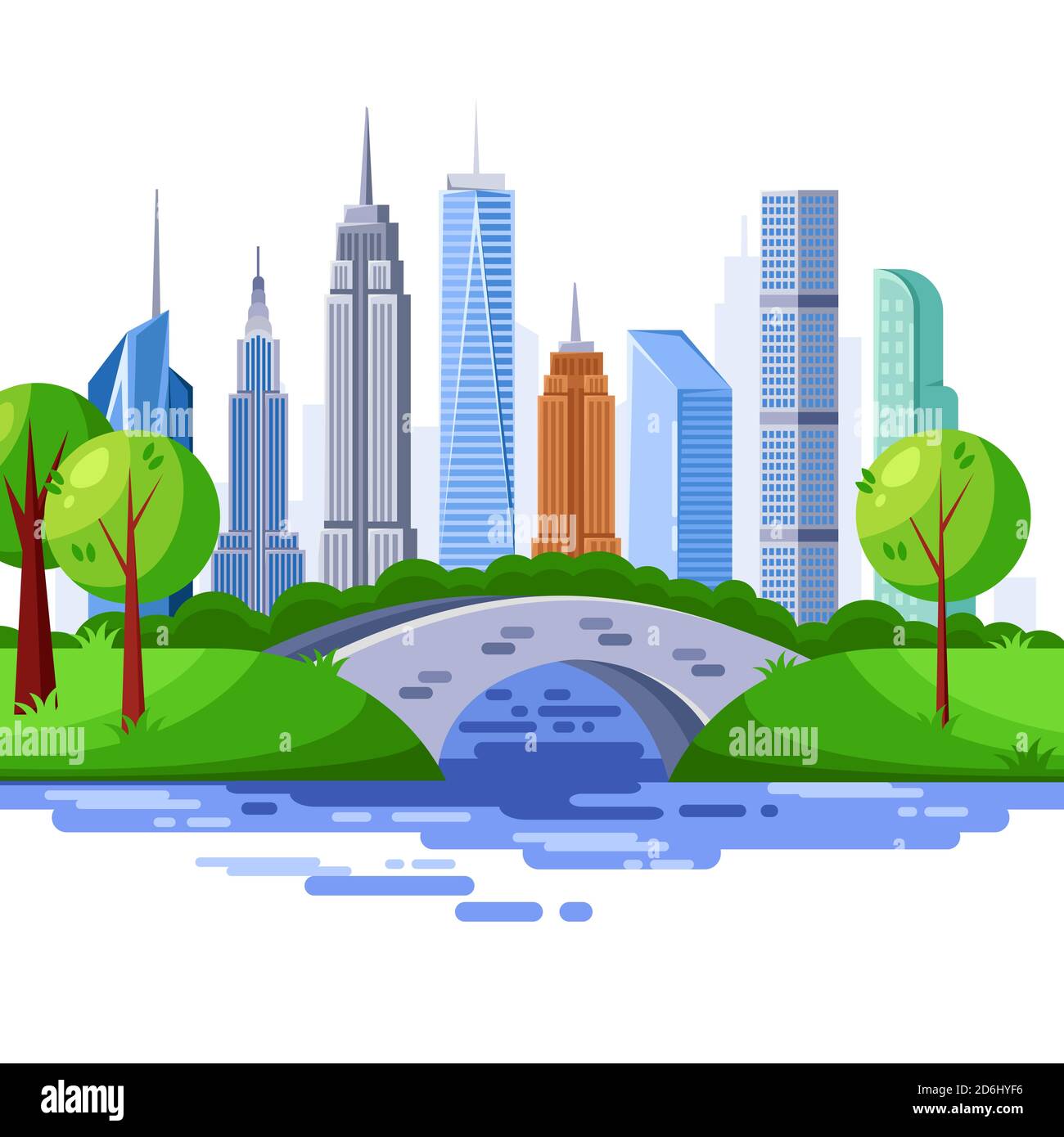 Parco centrale di New York e grattacieli urbani. Illustrazione vettoriale del paesaggio urbano. Illustrazione Vettoriale
