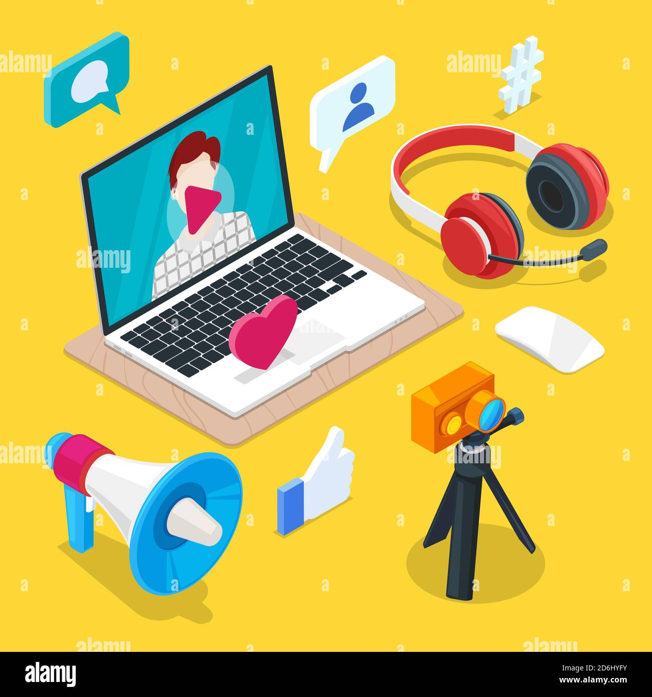 Blog e creazione di contenuti sui social media. Foto o video blog vettoriale icone isometriche 3d. Internet concetto di business. Illustrazione Vettoriale