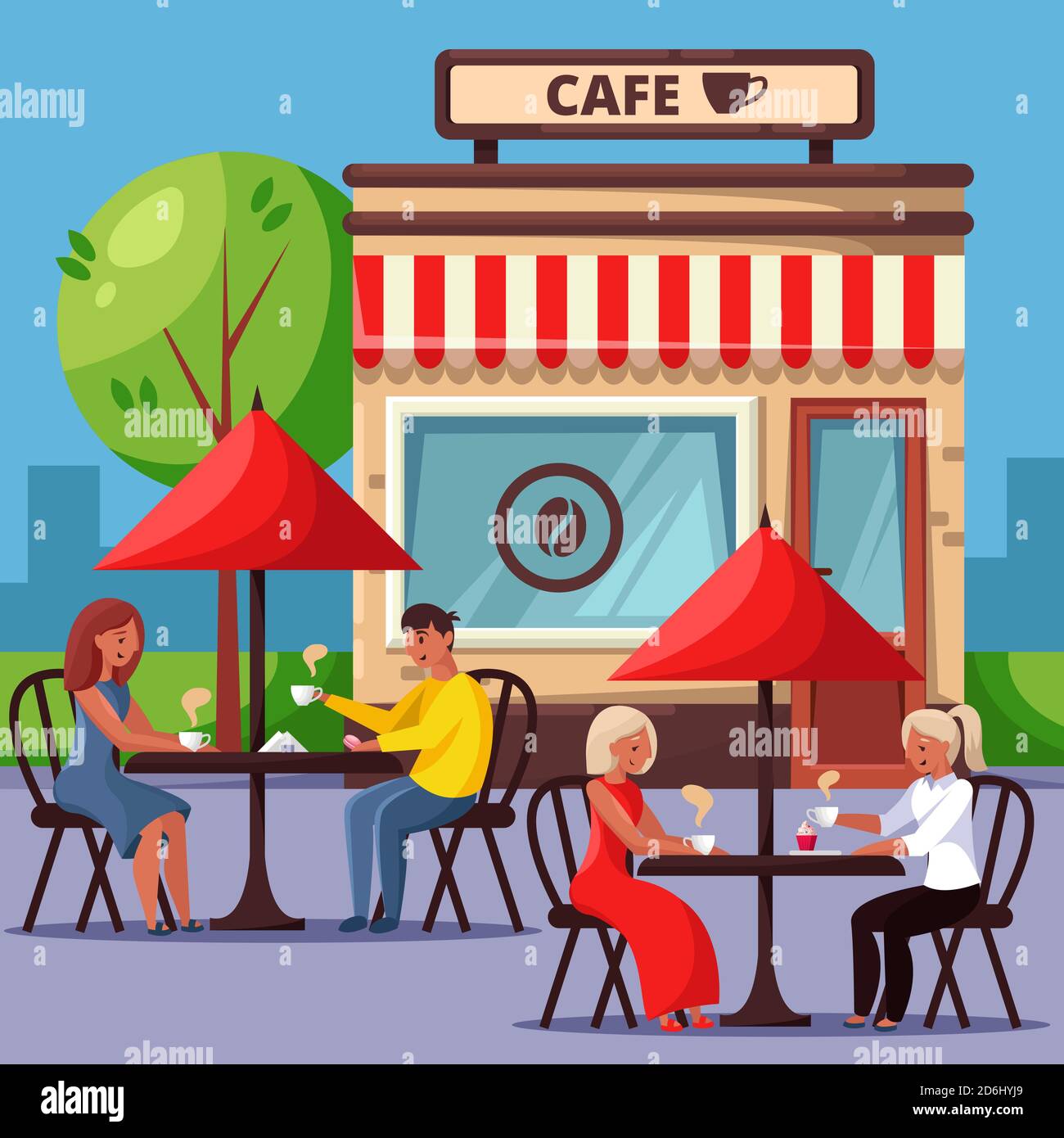 Persone in caffè di strada vettore cartoon illustrazione. Coppia seduto al tavolo e bere caffè. Amici che hanno la colazione. Concetto di stile di vita cittadino. Illustrazione Vettoriale